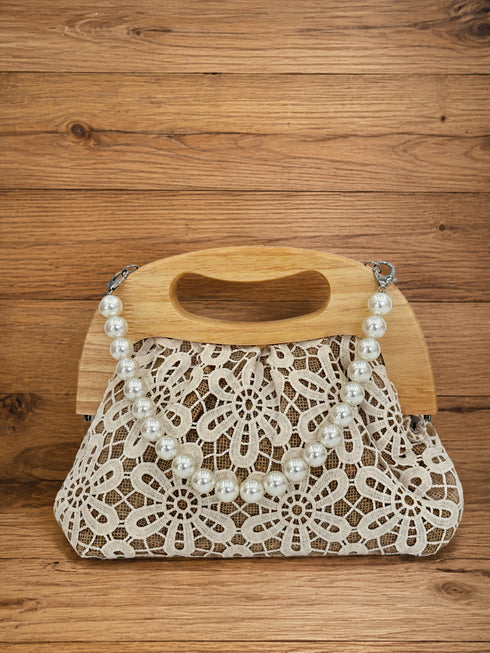 Clutch in Pizzo e Juta con Manico in Legno