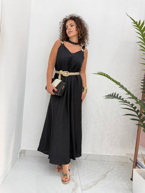 Abito Lungo con Spalline Arricciate e Dettaglio Stelle
