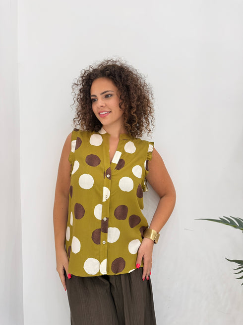 Blusa Smanicata a Pois con Dettaglio Volant