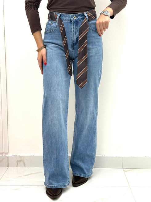 Jeans Wide Leg con Cintura-Cravatta