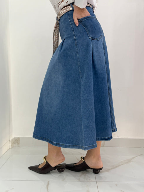 Gonna Lunga in Denim con Dettaglio Foulard