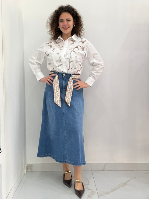 Gonna Lunga in Denim con Dettaglio Foulard