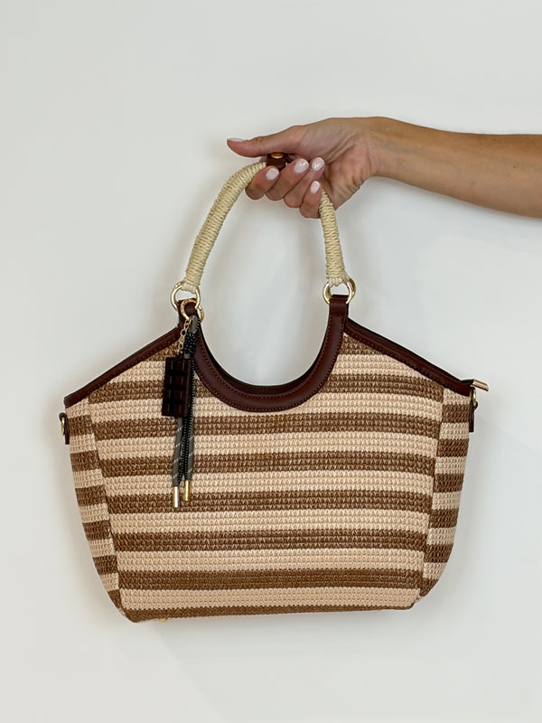 Borsa Shopping a Righe in Rafia e Similpelle