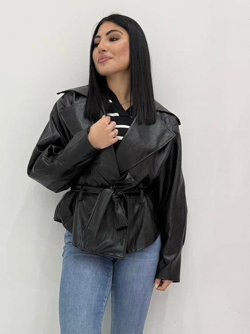 Giacca Doppiopetto in Ecopelle con Cintura