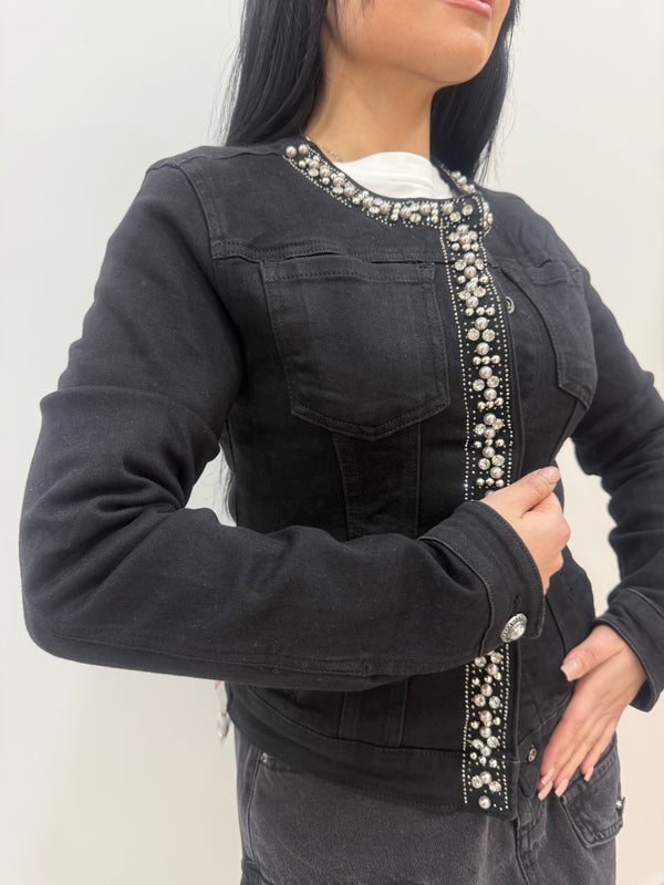 Giubbino jeans nero con perle