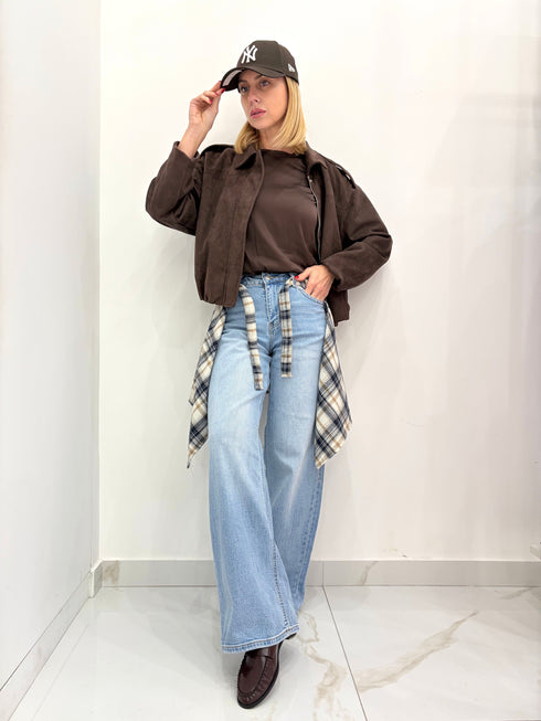 Jeans Wide Leg con Dettaglio Camicia a Quadri
