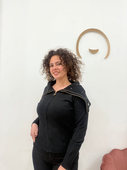 Cardigan con zip e collo gioiello