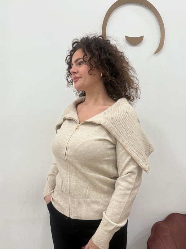 Cardigan con zip e collo gioiello