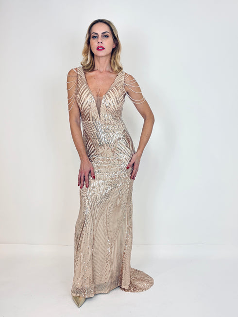 Abito da Sera con Paillettes e Spalline Gioiello