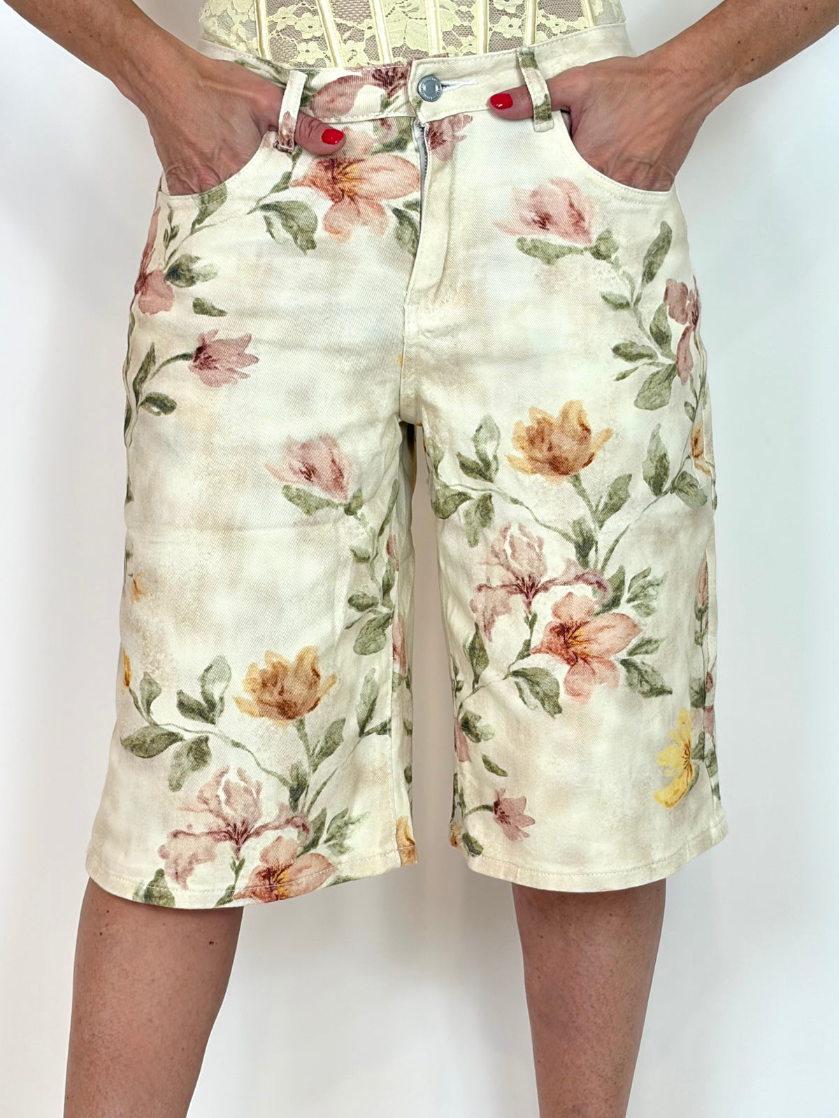 Bermuda di Jeans a Stampa Floreale