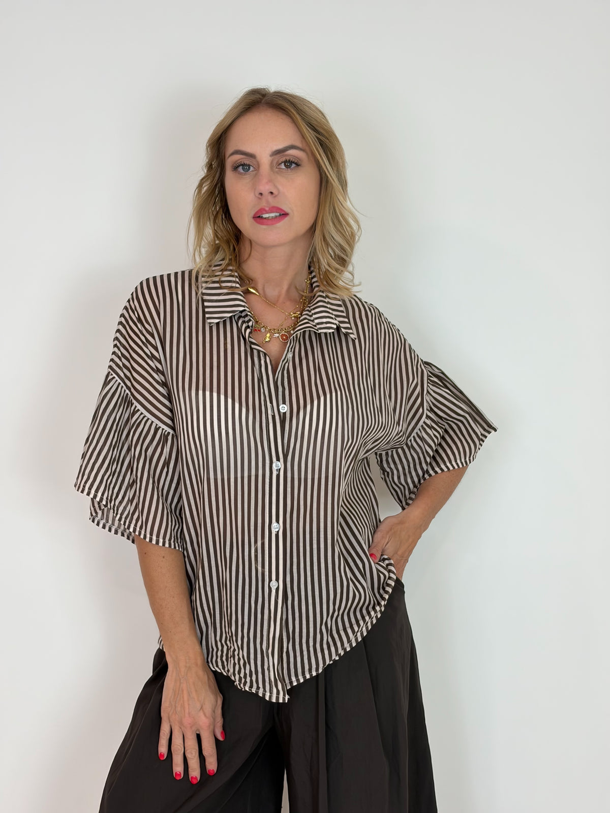 Camicia a Righe con Manica a Volant