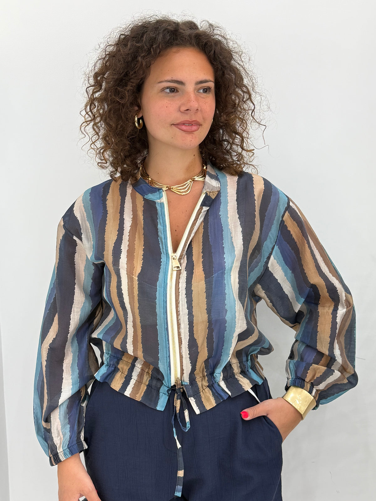 Giacca Leggera Velata con Zip e Coulisse