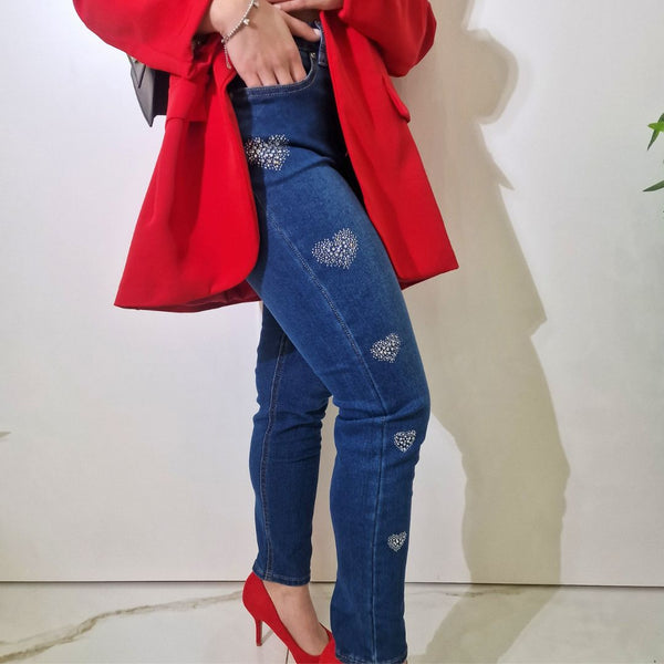 Jeans Donna Cuori Laterali e strass